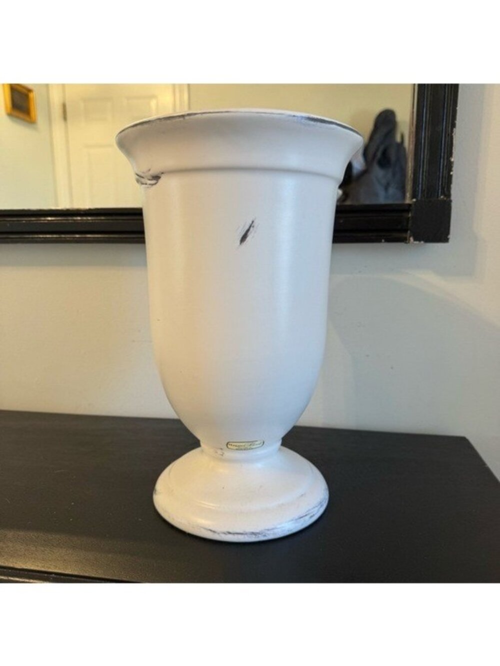 Haeger Vase White Patina Large 12” Pedestal Urn Open White Distressed Shabby MCM